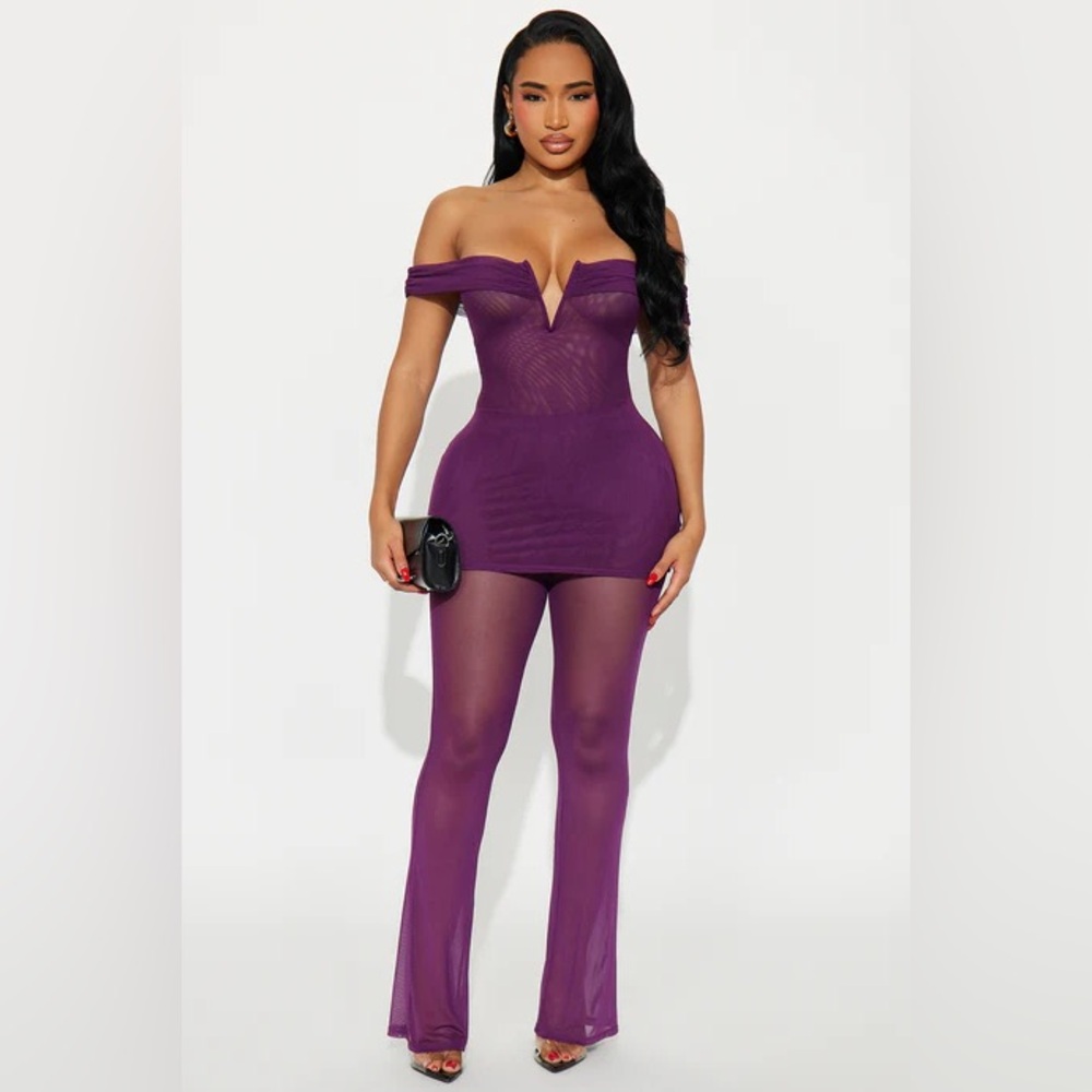 Off-Shoulder Purple Sheer Jumpsuit & Romper